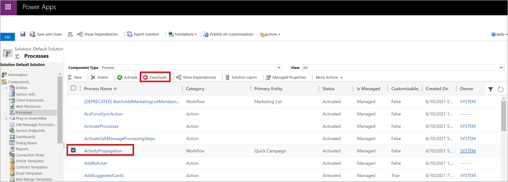 Deactivate the ActivityPropagation workflow.