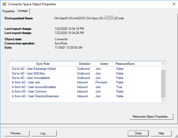 Screenshot of the Connector Space Object Properties lineage screen.