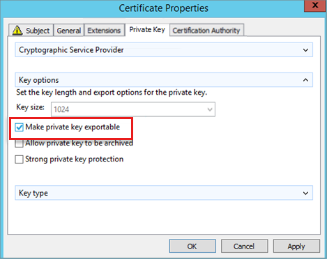 Screenshot of the Private key tab in Certificate properties window.