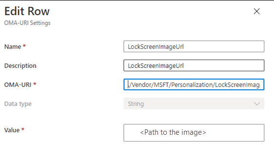 Screenshot of OMA-URI Settings in the Edit Row screen.