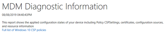 Screenshot that shows the MDM Diagnostic information.