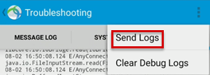 Screenshot that shows the Send Logs function.