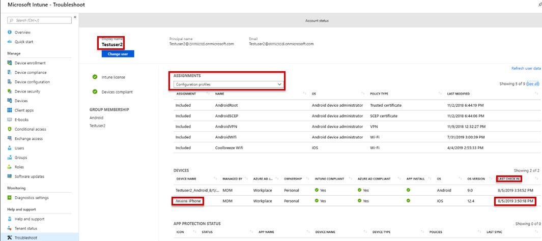 Screenshot that shows the LAST CHECK IN time on the Troubleshoot pane for iOS.