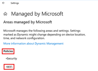 Screenshot of the Areas managed by Microsoft, where WiFi is listed on Windows.