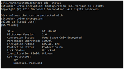 Example screenshot of the manage-bde.exe command in a Command Prompt window.