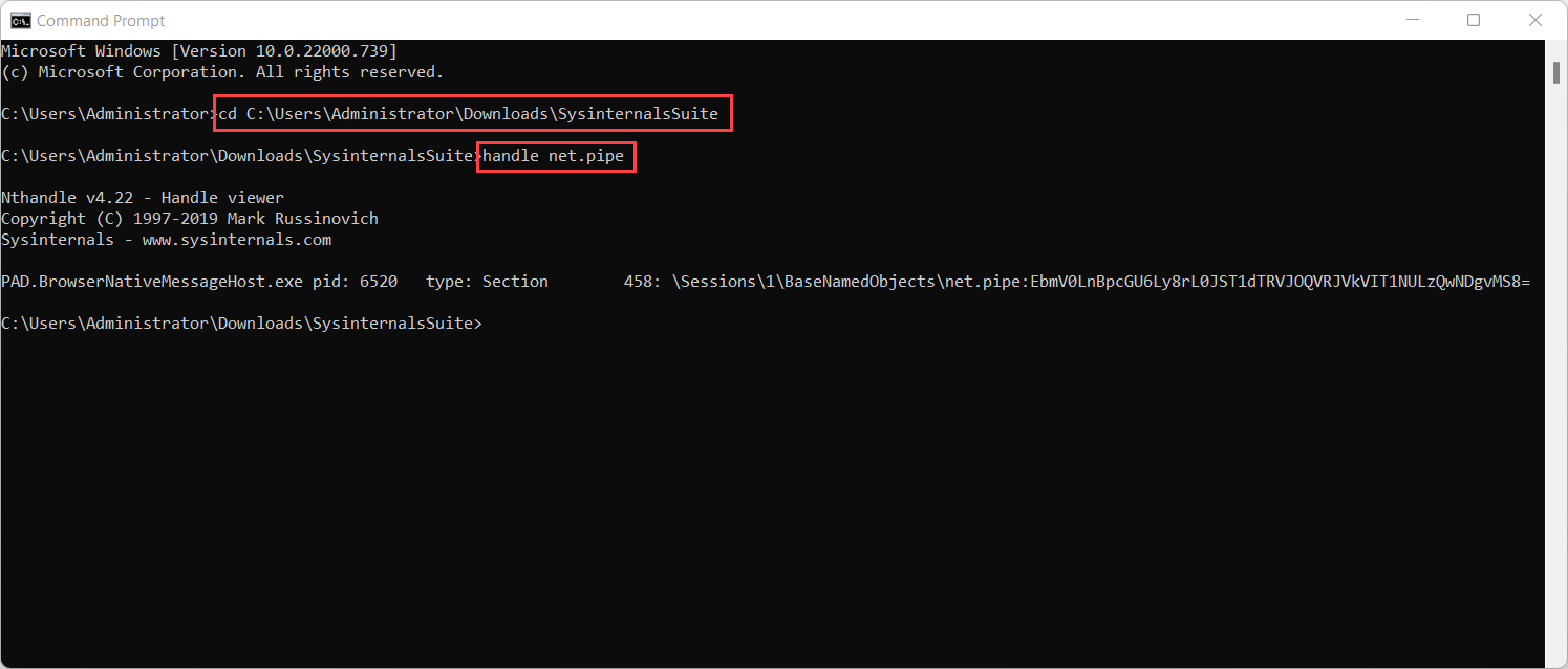 Screenshot of the results of the handle net.pipe command.