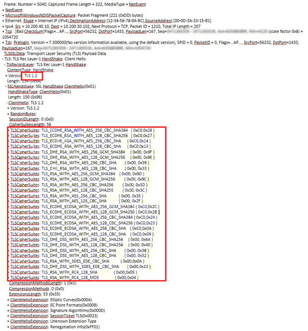 Screenshot of cipher suite details that you can examine to determine whether the suites match.