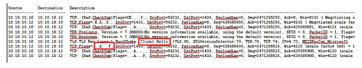 Screenshot of a network capture that shows how the server responds to the Client Hello packet.