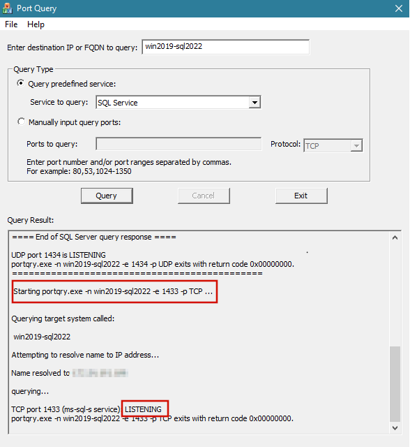 Screenshot showing the default instance on a default port where the connection was successful.