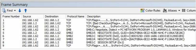 Screenshot of packets on destination side in Network Monitor.