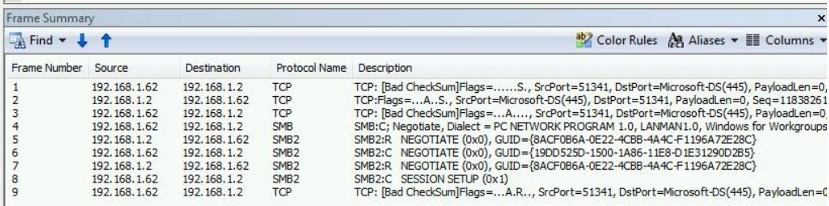 Screenshot of packets on source side in Network Monitor.