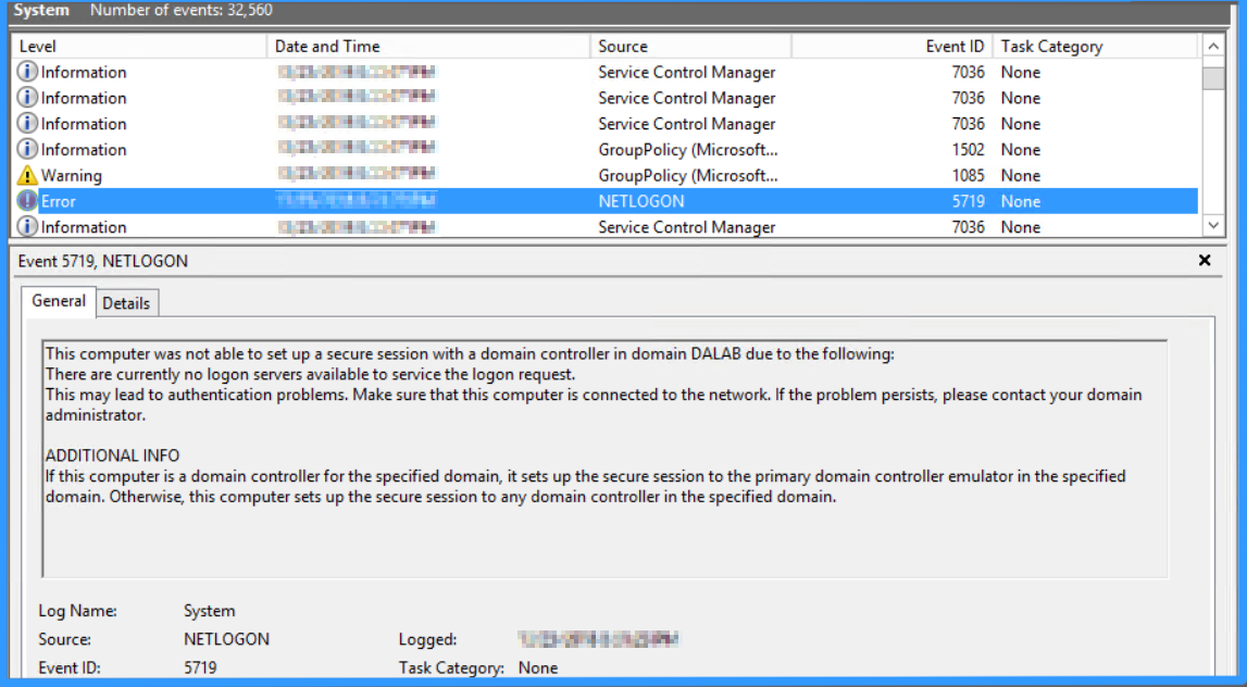 Screenshot of error for NETLOGON in Event Viewer.