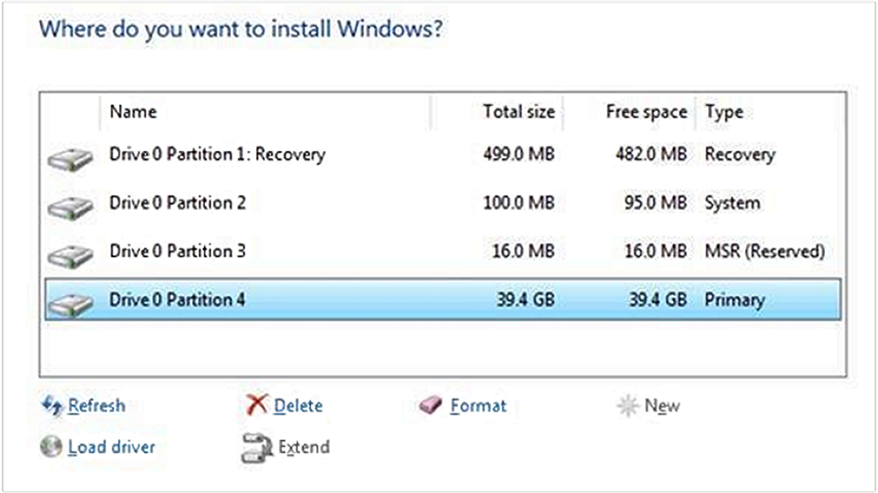 Screenshot of the default disk partitions, including the recovery partition.