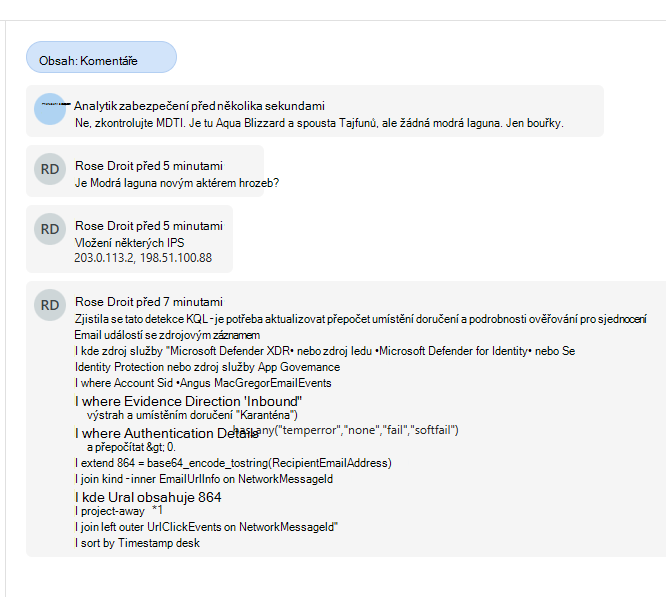 Snímek obrazovky znázorňující neformální komentáře mezi analytiky