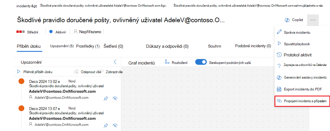 Snímek obrazovky znázorňující možnost propojení incidentu z nabídky se třemi tečkami v zobrazení incidentu