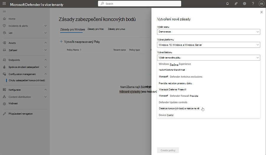 Snímek obrazovky se stránkou pro vytváření zásad na stránce zásad zabezpečení koncových bodů ve správě více tenantů