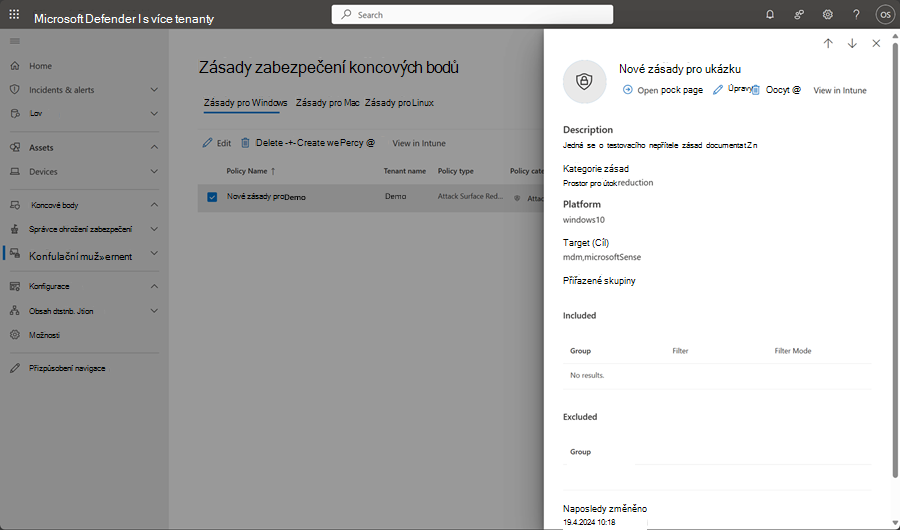 Snímek obrazovky s podoknem úprav na stránce zásad zabezpečení koncových bodů ve správě více tenantů v Microsoft Defender XDR