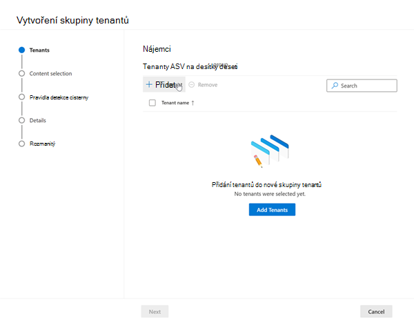 Snímek obrazovky s průvodcem vytvořením skupiny tenantů