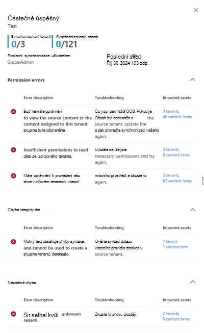 Snímek obrazovky s bočním podoknem výsledků synchronizace