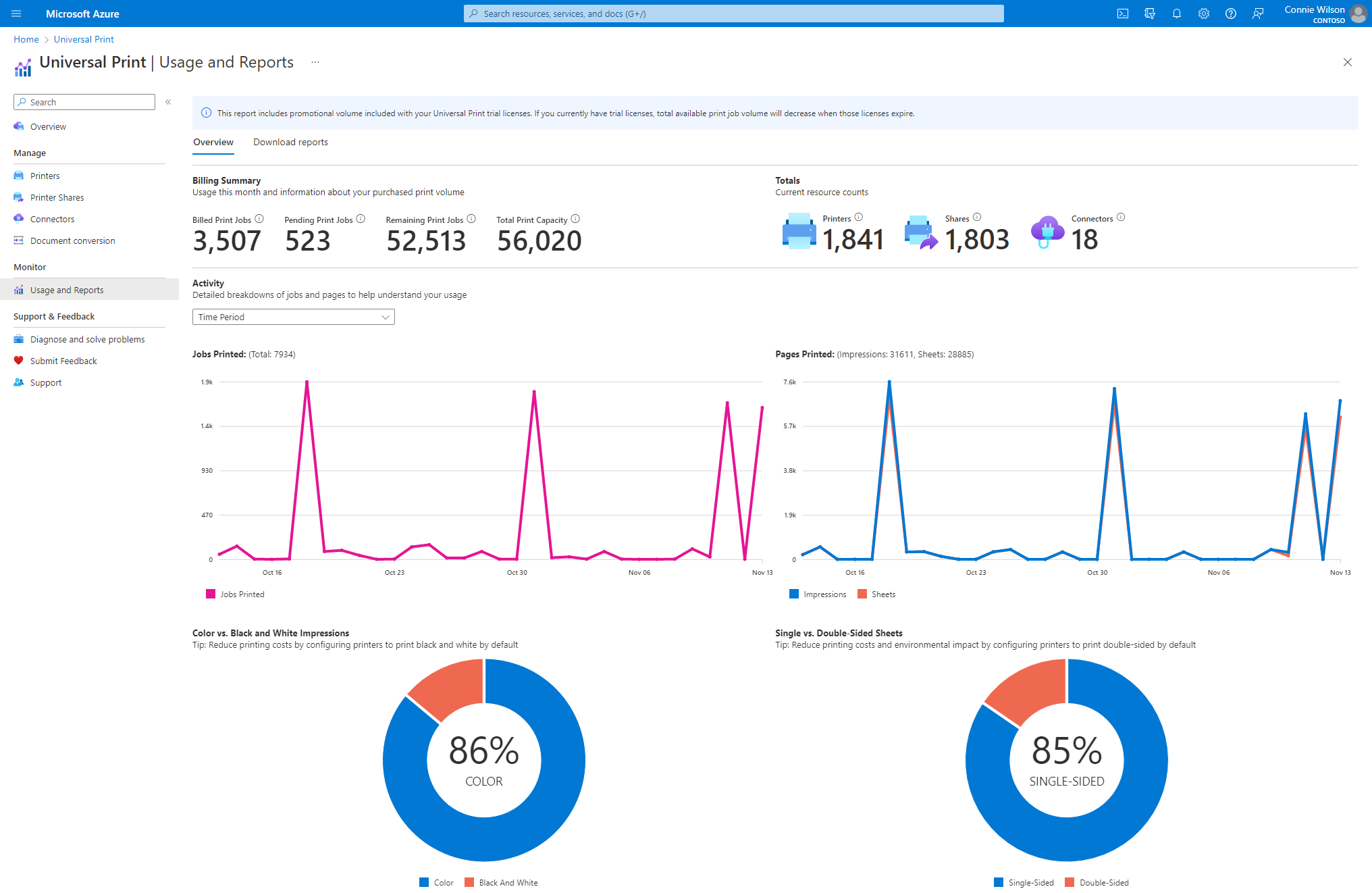 Snímek obrazovky se stránkou Využití a sestavy na webu Azure Portal