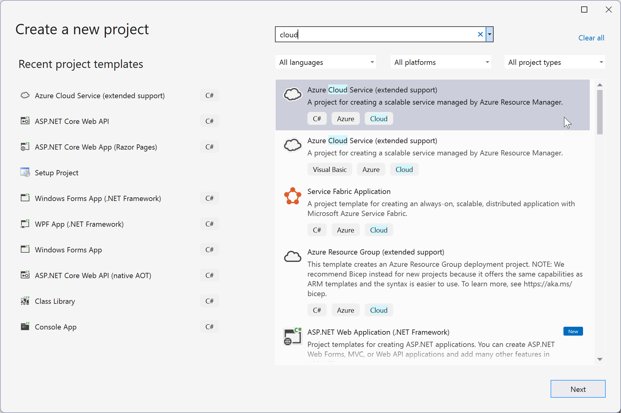 snímek obrazovky ukazující, jak vytvořit nový projekt Azure Cloud Services (rozšířená podpora).