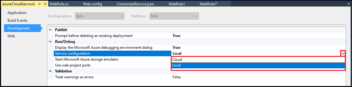 Snímek obrazovky se seznamem konfigurace služby pro projekt Azure Cloud Services (rozšířená podpora)