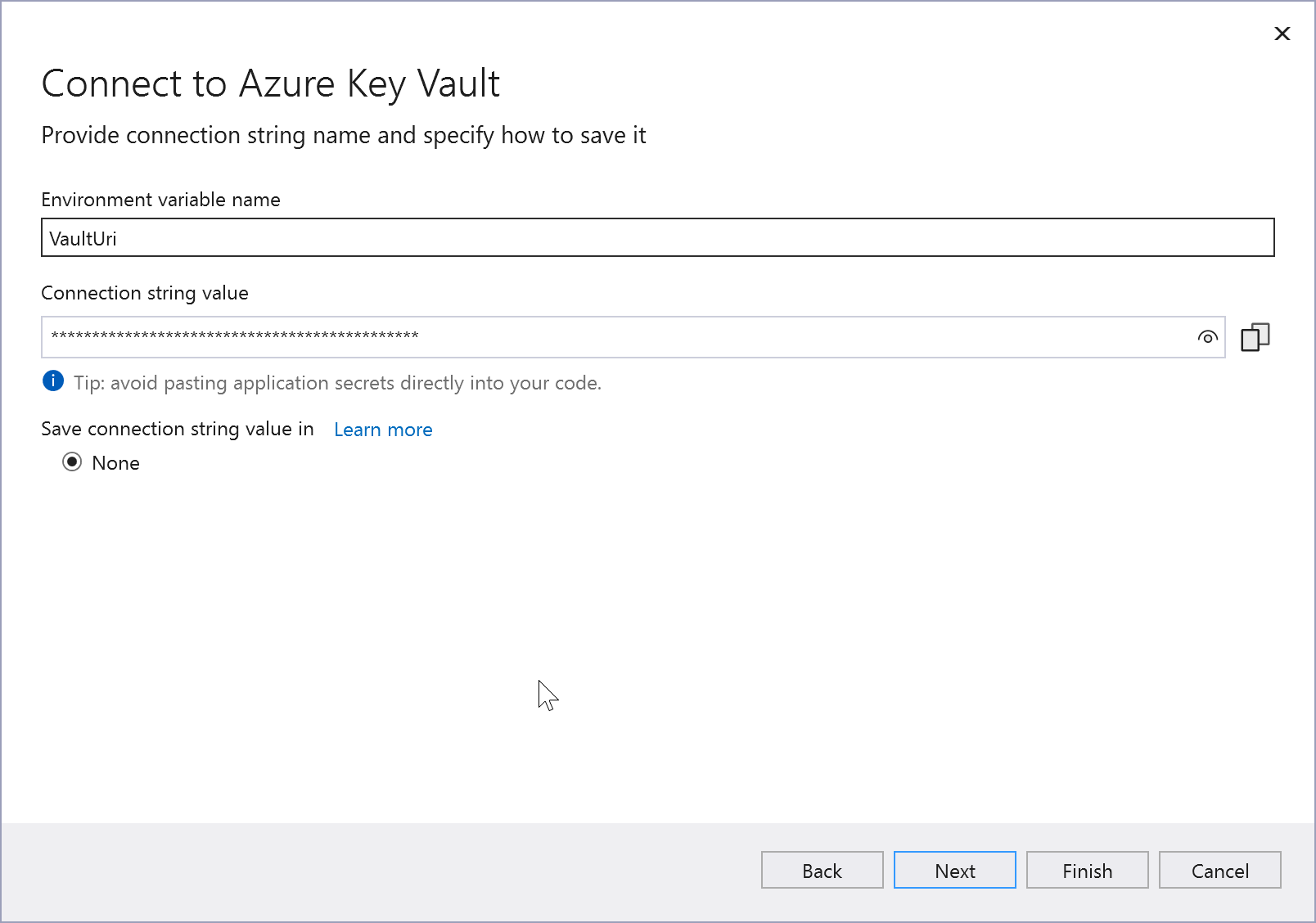 Snímek obrazovky Připojení ke službě Azure Key Vault