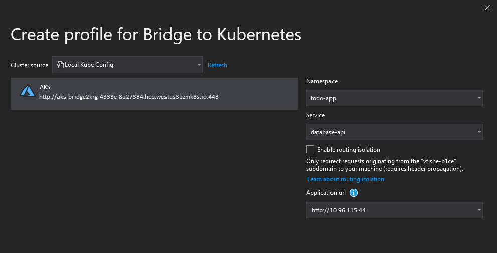 snímek obrazovky s dialogovým oknem Vytvořit profil pro Bridge to Kubernetes se zadanými hodnotami