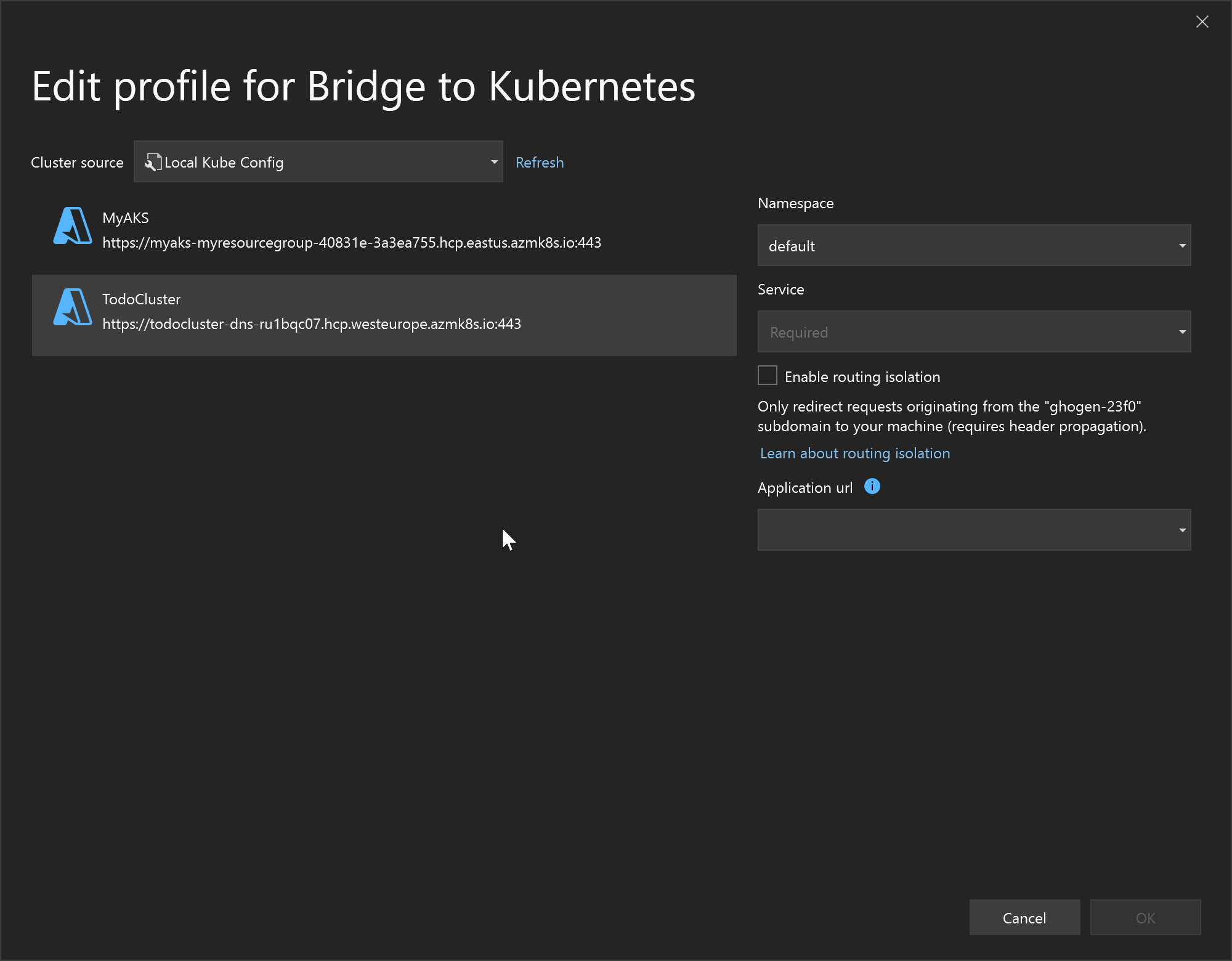 Snímek obrazovky zobrazující úpravy některých nejběžnějších vlastností profilu Bridge to Kubernetes.