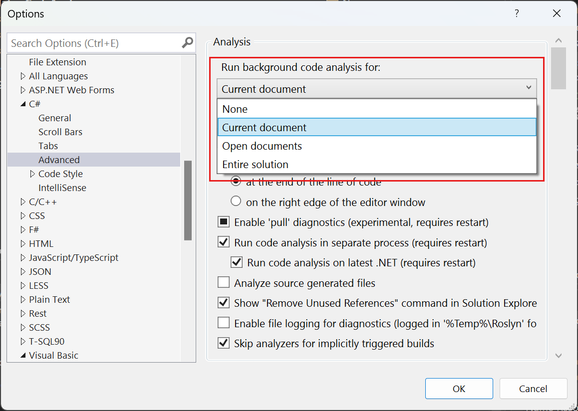 Snímek obrazovky znázorňující možnosti rozsahu analýzy kódu na pozadí v sadě Visual Studio