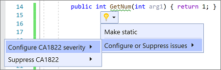 Snímek obrazovky, který ukazuje, jak nakonfigurovat závažnost pravidla z nabídky žárovky v sadě Visual Studio 2019