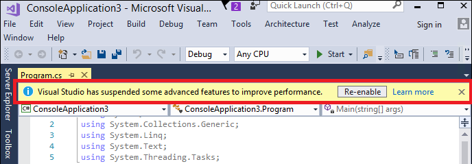 Snímek obrazovky s upozorněním, že Sada Visual Studio minimalizuje rozsah analýzy