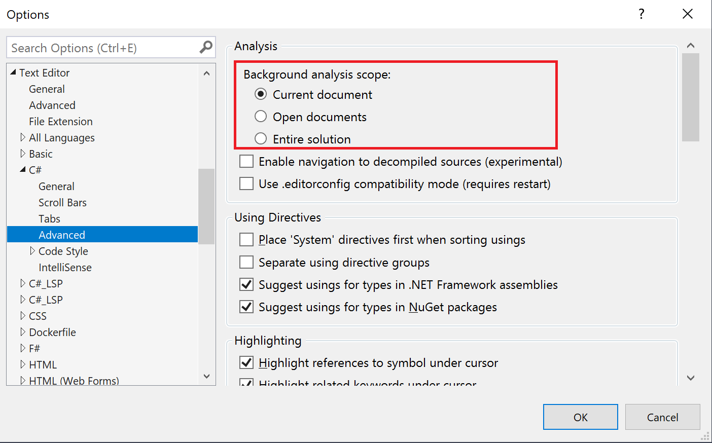 Snímek obrazovky znázorňující možnosti rozsahu analýzy kódu na pozadí v sadě Visual Studio