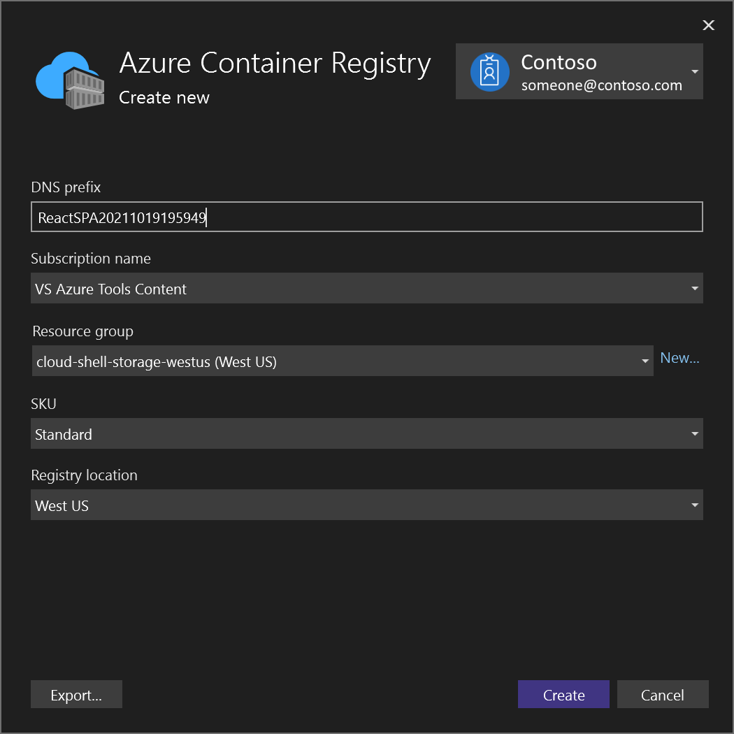 Snímek obrazovky s dialogovým oknem Pro vytvoření služby Azure Container Registry v sadě Visual Studio