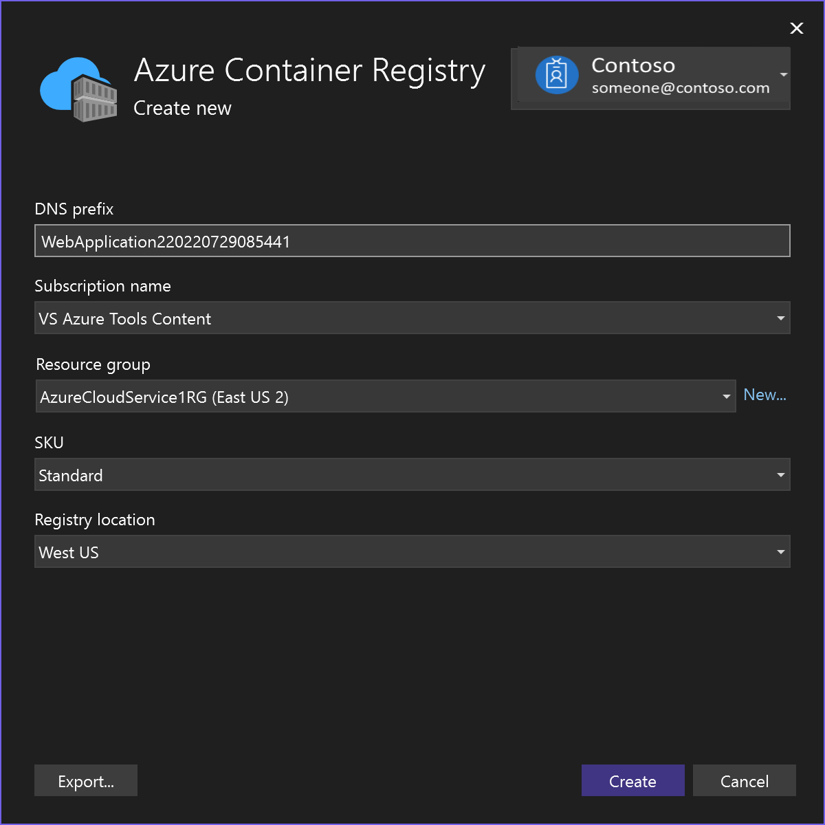 Snímek obrazovky s možnostmi služby Azure Container Registry