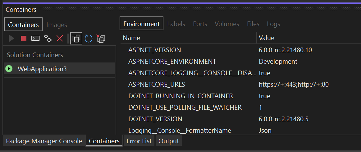 Snímek obrazovky okna Kontejnery v sadě Visual Studio s kontejnerem vybraným v levém podokně a kartou Prostředí vybranou v pravém podokně