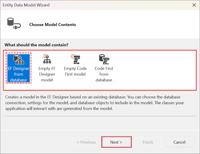 Snímek obrazovky znázorňující možnosti generování nového modelu v průvodci modelem Entity Data Model