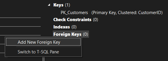 Přidání cizího klíče v Návrháři tabulek v sadě Visual Studio