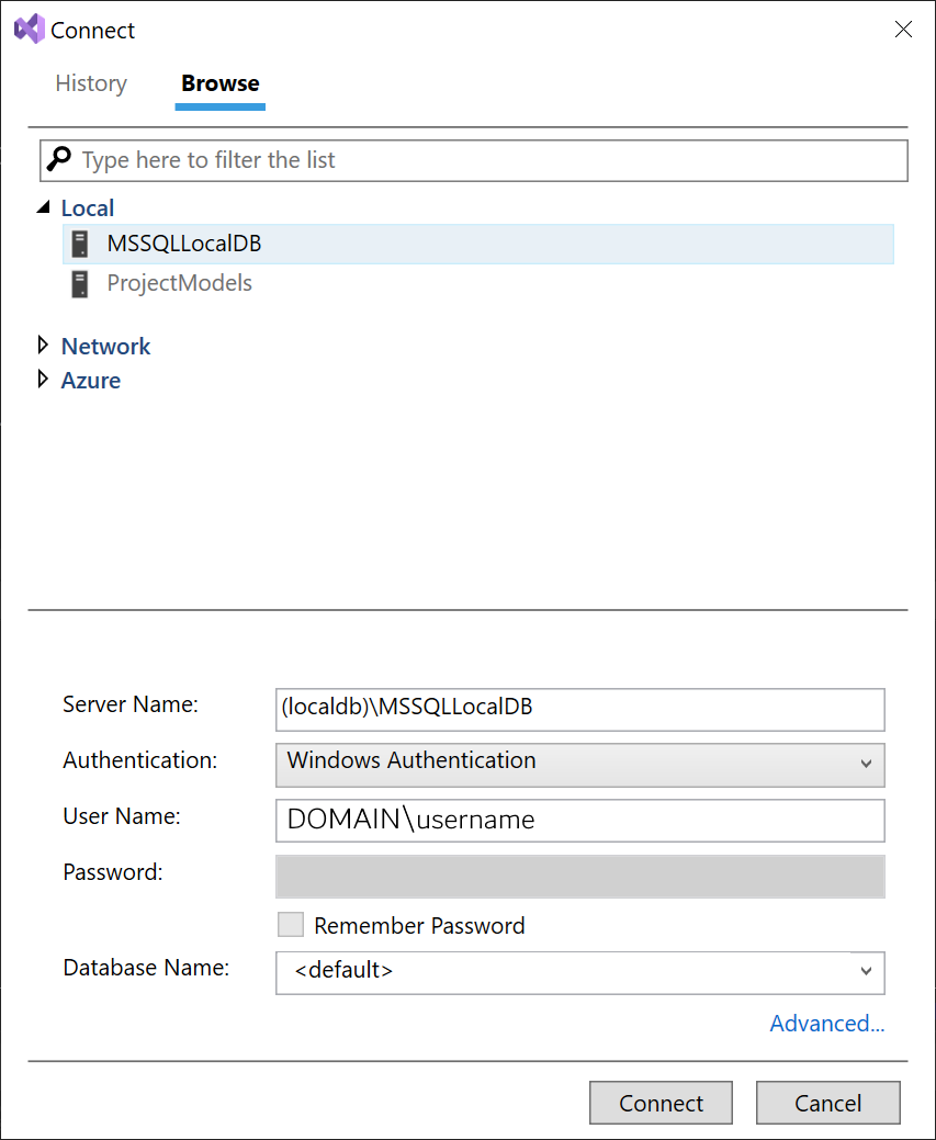 Snímek obrazovky s dialogovým oknem Připojit ke službě SQL Database