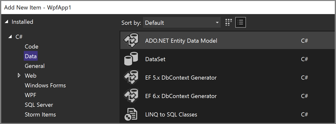 snímek obrazovky s novou položkou modelu Entity Framework