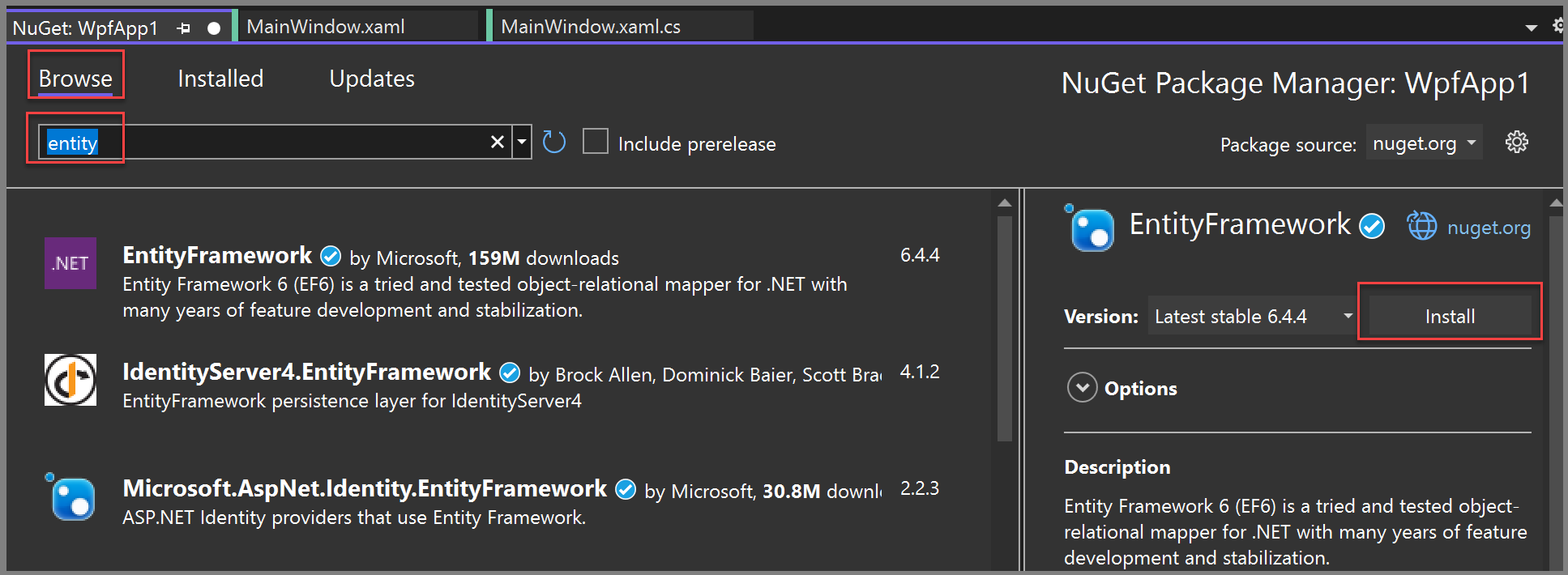 snímek obrazovky zobrazující balíček NuGet Entity Framework