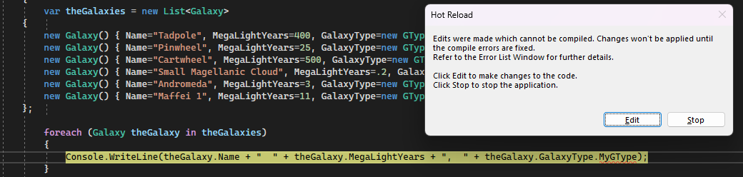 Snímek obrazovky ladicího programu sady Visual Studio se zvýrazněným řádkem kódu červeně a polem se zprávou s vybranou možností Upravit