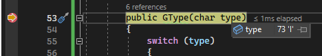 snímek obrazovky ladicího programu sady Visual Studio se žlutým řádkem kódu a oknem s hodnotou proměnné typu 73 I.