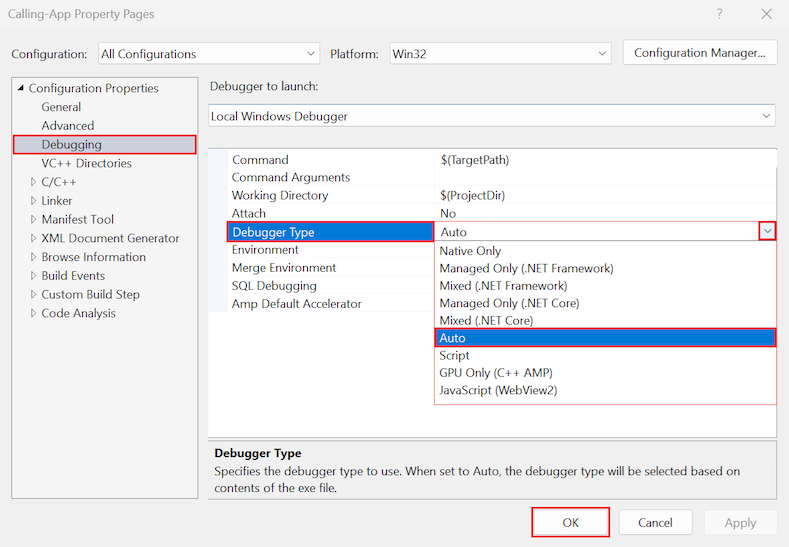 Snímek obrazovky ukazuje, jak povolit ladění smíšeného režimu pro projekt C++ ve Visual Studio.