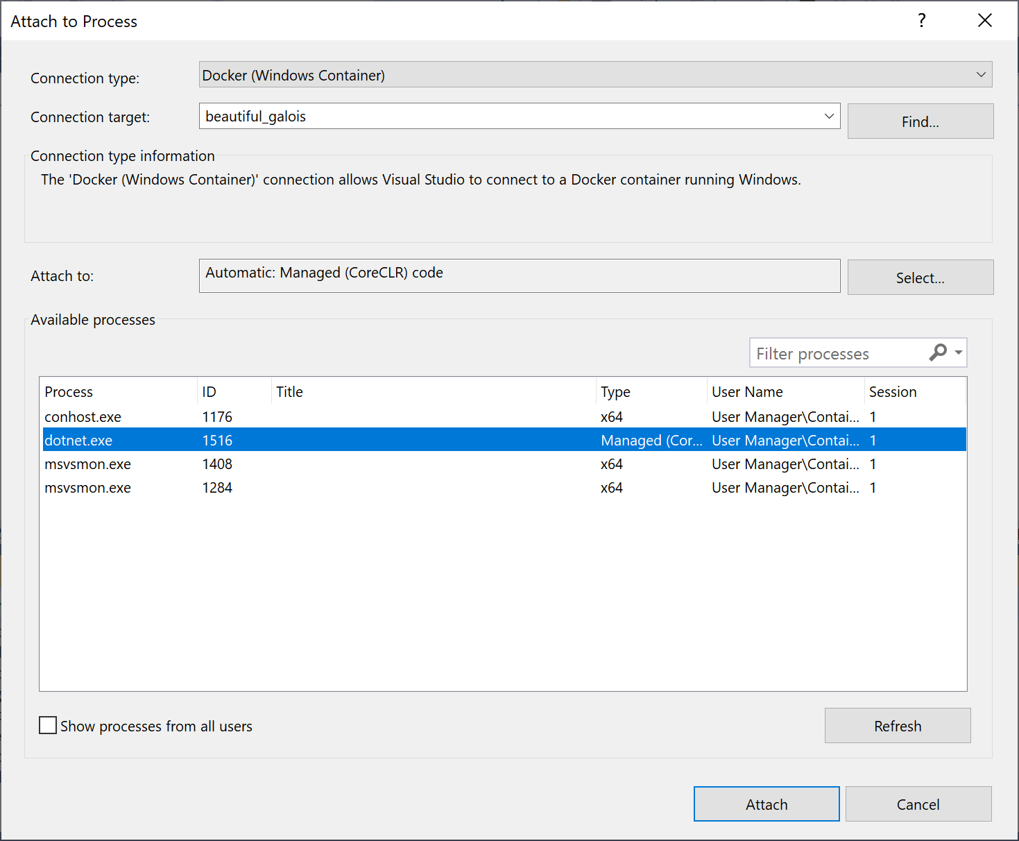 Snímek obrazovky s dialogovým oknem Připojit k procesu v sadě Visual Studio Typ připojení je nastavený na Docker (kontejner Windows) a je vybrán proces dotnet.exe.