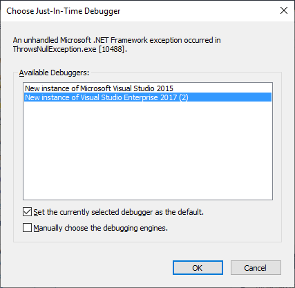 snímek obrazovky s dialogovým oknem Zvolit just-In-Time Debugger, které se zobrazí po výjimce v okně konzoly ThrowsNullException.exe.