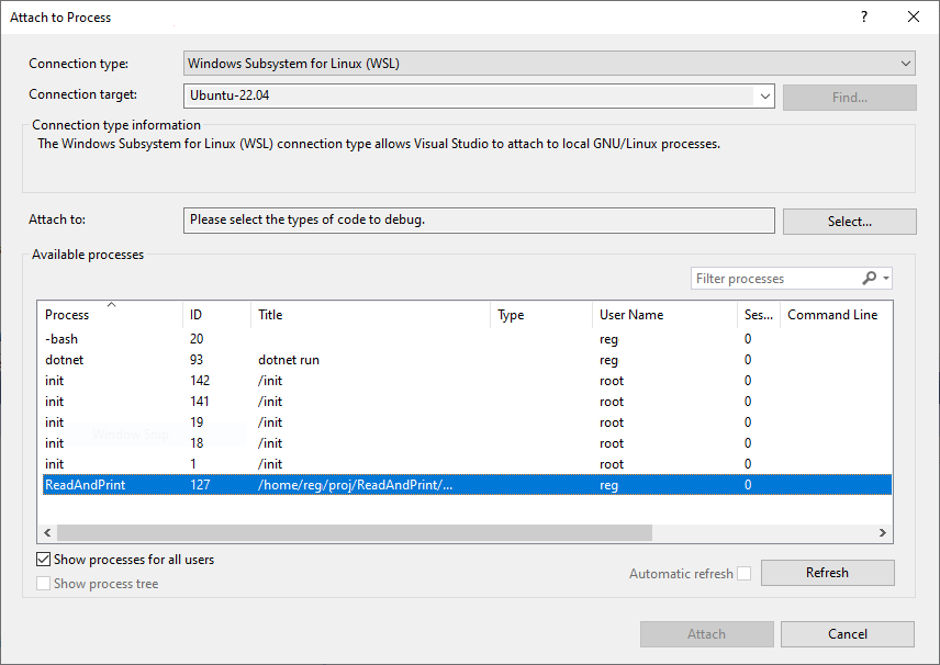 Snímek obrazovky s procesem WSL v dialogovém okně Připojit k procesu