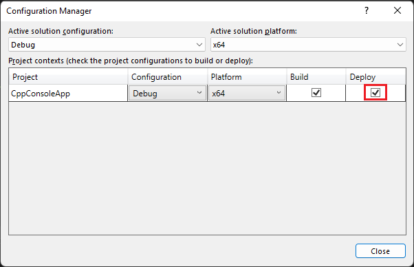 Snímek obrazovky nástroje Configuration Manager v sadě Visual Studio Průzkumník řešení Je vybrána konfigurace ladění a je zaškrtnuto políčko Nasadit.