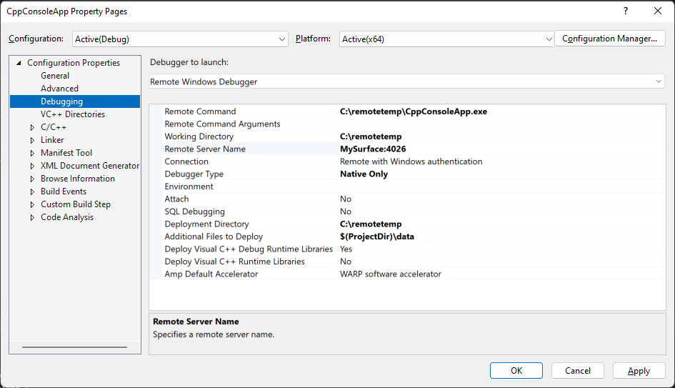 Snímek obrazovky s kartou Ladění v sadě Visual Studio Průzkumník řešení Vlastnosti Ladicí program ke spuštění vlastnosti je nastaven na Vzdálený ladicí program systému Windows.