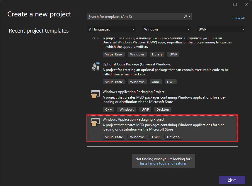 Snímek obrazovky znázorňující výběr projektu Windows Application Packaging